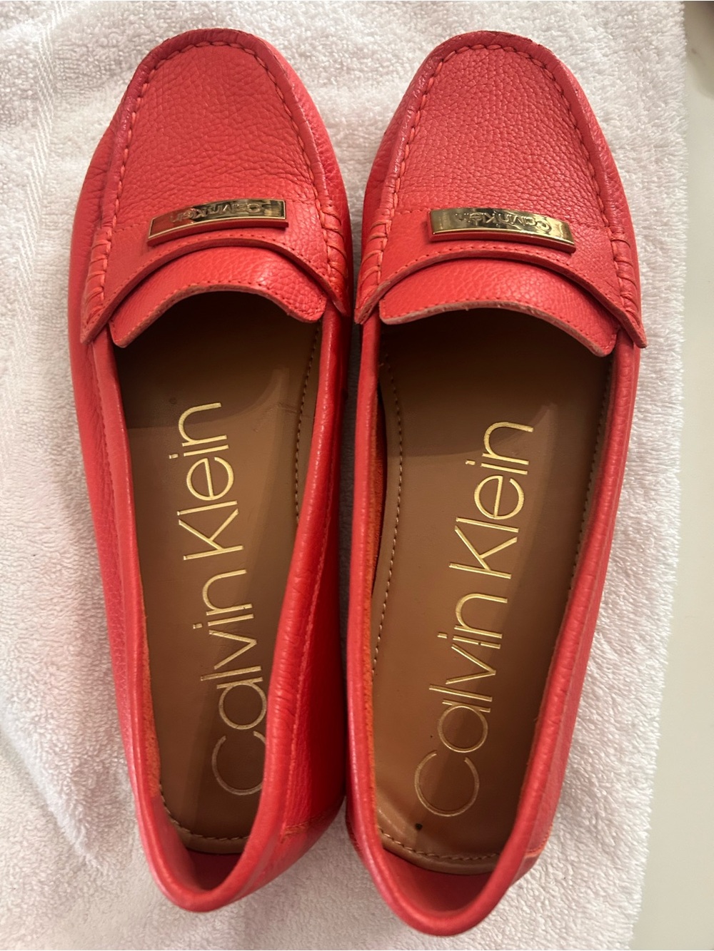 Calvin Klein Coral Red Leather Penny Loafers